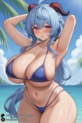 1girls ahoge ai_generated alternate_breast_size armpits arms_behind_head arms_up bangs beach bikini blue_bikini blue_hair blue_sky blush breasts cleavage collarbone curvy day ganyu_(genshin_impact) genshin_impact goat_horns horns huge_breasts long_hair looking_at_viewer navel ocean outdoors parted_lips purple_eyes skindentation sky solo stomach swimsuit thick_thighs thighs unjobdespiert wet wide_hips