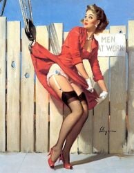 20th_century construction_site dress_lift dress_pull female fence gil_elvgren gloves heels high_heels lingerie painting_(artwork) pin-up pinup stockings traditional_media_(artwork) vintage