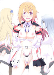 3girls blonde_hair blue_eyes blush breasts cecilia_alcott charlotte_dunois condom eye_patch infinite_stratos large_breasts laura_bodewig long_hair looking_at_viewer multiple_girls navel nipples open_clothes open_mouth open_shirt panties pointy_chin pubic_hair purple_eyes pussy red_eyes see-through silver_hair touge_hiro underwear used_condom