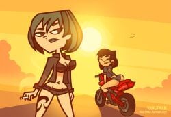 2girls ass black_bra black_hair black_panties bra cigarette earrings female_only gwen_(tdi) leg_tattoo motorcycle panties sky_(tdi) tattoo total_drama_island vaultman