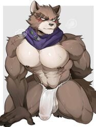 2025 anthro balls blush bodily_fluids bulge canid canine chung0_0 epic_games fortnite genitals hajime_(fortnite) hi_res looking_at_viewer male mammal muscular muscular_anthro muscular_male raccoon_dog solo sweat sweatdrop tanuki