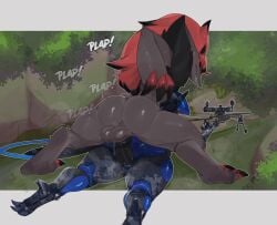 absurd_res anthro armor balls claws duo generation_5_pokemon genitals gun hi_res male nintendo outside penis plant pokemon pokemon_(species) ranged_weapon red_claws rifle sex sex_while_shooting sniper_rifle tree vilf weapon zoroark