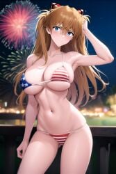 1girl ai-created ai_generated american_flag american_flag_bikini american_flag_swimsuit armpits asuka_langley asuka_langley_sohryu bangs bare_shoulders big_breasts bikini blue_eyes blurry blurry_background blush breasts brown_hair clavicle cleavage closed_mouth clothing cowboy_shot female female_only fireworks flag_print flag_print_bikini flag_print_swimsuit hair_between_eyes hair_ornament headgear interface_headset large_breasts long_hair looking_at_viewer navel neon_genesis_evangelion night night_sky outdoors pixiv print_bikini print_swimsuit rena_aikawa_(pixiv_user) skindentation sky smile solo solo_female stable_diffusion standing star_(sky) star_(symbol) stomach striped striped_bikini striped_swimsuit swimsuit thighs