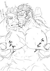 balls bara beard big_pecs facial_hair gay hephaestus_(tokyo_afterschool_summoners) kaeru333938123 male male_only monochrome muscles muscular nipple_play penis sweat sweating talos_(tokyo_afterschool_summoners) tokyo_afterschool_summoners