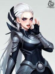 ayakonarts blowjob_gesture diana_(league_of_legends) forehead_mark league_of_legends white_hair