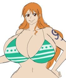 big_breasts bikini bikini_top breasts breasts_bigger_than_head brown_eyes female female female_focus female_only green_bikini hand_on_hip hourglass_figure large_breasts long_hair looking_at_viewer momiji_(artist) nami nami_(one_piece) navel one_piece orange_hair smiling_at_viewer tattoo tattoo_on_shoulder white_background