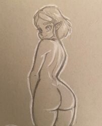 1girls ass klassyarts_(artist) looking_at_viewer looking_back monochrome nude nude_female pointy_ears princess_zelda short_hair sketch solo solo_female solo_focus the_legend_of_zelda