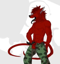 abs anthro belt clothing cum damien darachi dragon fox hybrid male male_only multiple_tails muscular pants penis precum scales testicles tongue unzipped