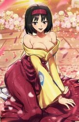 1girls big_breasts black_hair bob_cut breasts cleavage erika_(pokemon) exposed_shoulders female female_only flowers gym_leader hairband human kimono looking_at_viewer off_shoulder petals pokemon pokemon_frlg pokemon_hgss pokemon_rgby ryairyai seductive seductive_look short_hair sitting smile solo