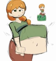 alex_(minecraft) ambiguous_prey belly belly_bulge big_belly big_belly_bulge big_breasts breasts female_pred holding_belly minecraft purple_eyes red_hair same_size_vore soft_vore video_game_character video_games vore vore_belly