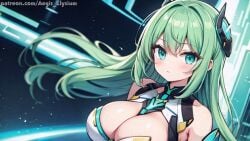 1girls aegis_elysium ai_art ai_generated armor blush blushing blushing_at_viewer breasts cleavage elbow_gloves female_armor female_focus gem gloves green_hair hair_ornament headpiece highres huge_breasts jewelry large_breasts light long_hair looking_at_viewer mecha navel night original_character patreon patreon_username princess purple_eyes silver_hair sky solo solo_focus starry_background starry_sky surface tiara very_long_hair wings