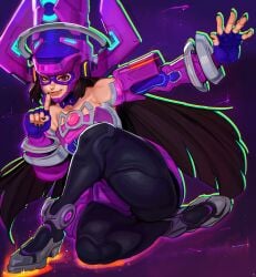 1girls black_hair cashumeru galacta galacta_(marvel_rivals) helmet leggings purple_background purple_eyes short_dress thick_thighs very_long_hair