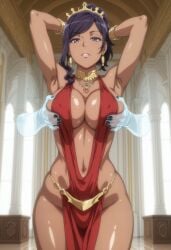 ai_generated armpit_fetish armpits big_ass big_breasts big_hips dark-skinned_female dark_skin dungeon_ni_deai_wo_motomeru_no_wa_machigatteiru_darou_ka female female_focus grabbing_breasts hands_behind_head hands_up ishtar_(danmachi) kikia1 ponytail purple_hair tagme