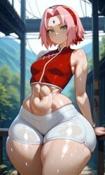 ai_generated bottom_heavy huge_ass muscular naruto pink_hair red_clothing sakura_haruno short_hair shorts small_breasts thick_thighs