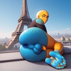 1boy ai_generated bald big_balls blue_anus blue_butt eiffel_tower femboy looking_at_viewer paris small_penis