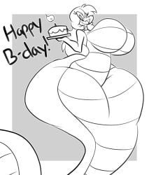 1girls 2d anthro big_breasts breasts cake cleavage digital_media female female_only furry furry_only hair_between_eyes huge_breasts line_art long_hair looking_at_viewer monochrome nude platter puffster3 simple_background smile solo thick_thighs toony wide_hips