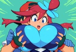 1boy ai_generated breast_grab female grabbing gym_leader huge_breasts latina muscular_male novelai paulinebabe pokemon pokemon_(anime) pokemon_bw pokemon_journeys satoshi_(pokemon) skyla_(pokemon) suprised_look surprise surprised