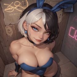 1girls ai_generated black_hair blue_nails bunny_ears bunny_girl bunnysuit choker cleavage collarbone earrings heterochromia huge_breasts looking_at_viewer looking_up luna_snow luna_snow_(marvel_rivals) massive_breasts mischievous_smile multicolored_hair nopreptime smirk teasing thick_ass thick_thighs white_hair