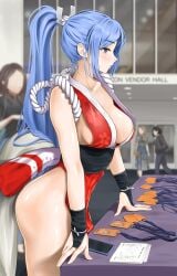 1girls alternate_hairstyle blue_eyes blue_hair chaesu convention cosplay fatal_fury hair_ribbon highleg inner_sideboob king_of_fighters mai_shiranui mai_shiranui_(cosplay) minah ninja no_bra no_panties original ponytail sash shimenawa sideboob solo_focus thighs very_long_hair