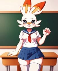 ai_generated anthro cinder-ace-burn female female_only pokemon pokemon_(species) school school_uniform scorbunny skirt stockings student