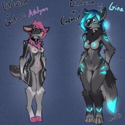 1:1 absurd_res acev anthro ashlynn_(acev) canid canine canis deer female gina_(acev) glowing hi_res hybrid mammal model_sheet nude wolf