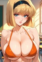 1girls ai_generated alternate_eye_color bangs bare_shoulders big_breasts bikini blonde_hair blue_eyes blurry_background bob_cut breasts chalkboard civitai classroom cleavage clothing collarbone desk eyebrows_visible_through_hair eyelashes female female_focus female_only hair_ornament hairband hellblueboy4 human indoors jigoku_sensei_nube large_breasts lips looking_at_viewer meta:truck_kun_(style) miki_hosokawa parted_lips pinup revealing_clothes school seductive short_hair sideboob skimpy skindentation solo solo_female sunset sweat sweatdrop swimsuit teeth truck_kun_(style) underboob voluptuous