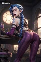 1girls ai_generated arcane arm_tattoo artist_name ass bare_shoulders bent_over blue_hair braid crop_top detached_sleeves fingerless_gloves from_behind gloves gun hi_res holding holding_gun holding_weapon indoors jinx_(league_of_legends) league_of_legends long_hair looking_at_viewer looking_back netflix pants pink_eyes r34arts riot_games shoulder_tattoo solo stomach_tattoo striped_clothes striped_pants tattoo teeth twin_braids very_long_hair weapon