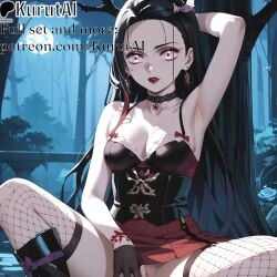 1girls ai_generated armpits artist_name artist_signature bare_shoulders black_choker black_hair bow breasts choker cleavage collarbone corset demon_slayer earrings fishnet_legwear fishnets gloves halloween hi_res high_resolution highres jewelry kamado_nezuko kimetsu_no_yaiba kurutai lipstick long_hair looking_at_viewer makeup medium_breasts nail_polish nezuko_kamado outdoors patreon piercing pussy sitting skirt solo straight tattoo thighhighs torn_legwear uncensored underwear very_long_hair