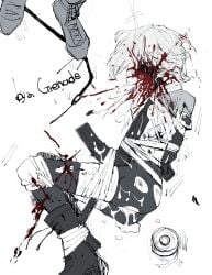 1boy after_rape arms_behind_back bandaged_chest bandages black_boots blood blood_in_hair blood_on_body blood_on_clothes blood_on_face blood_on_ground blood_spray bondage boots bound bound_arms bound_feet bound_legs bound_torso clothes_lift commentary covered_eyes cum cum_in_ass cum_overflow cumdrip death disheveled english_commentary english_text exploded_head exposed_bone exposed_muscle female gagged gore grey_shirt gun guro headphones highres injury knee_pads leggings legs_together military military_medic monochrome original peril red_hod ryona shirt shirt_lift shirt_under_shirt soldier solo_focus tied_up_(nonsexual) torn_clothes torn_leggings weapon white_background