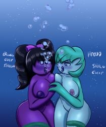 2girls air_bubble air_bubbles asphyxiation black_hair blue_eyes bubble bubbles drowning gardevoir gothitelle green_hair holding_hands pokemon pokemon_(species) purple_blush purple_skin starro_(artist) underwater white_skin zxtomatofan