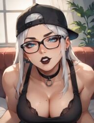 1girls ai ai_generated allouette backwards_hat black_lipstick blue_eyes bra choker glasses hat lipstick original_character subboy01 tank_top white_hair