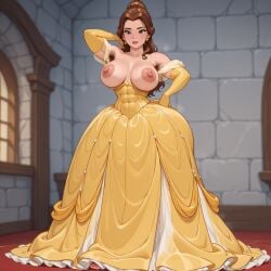 abs ai_generated beauty_and_the_beast_(1991_film) belle_(beauty_and_the_beast) buff buff_female c.c.leah cartoon disney exposed_breasts large_breasts muscular_female pubic_hair thick_thighs yellow_dress