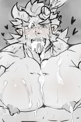 bara big_pecs blush cum cum_on_tongue kaeru333938123 male male_only monochrome muscles muscular nude solo solo_male takemaru_(tokyo_afterschool_summoners) tokyo_afterschool_summoners tongue_out