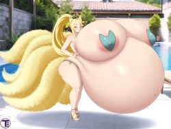 1girls alternate_breast_size areolae artist_name belly belly_bigger_than_body belly_bigger_than_head bloated_belly blonde_hair blush breasts breasts_bigger_than_head breasts_bigger_than_torso breasts_on_belly female female_focus fox fox_ears fox_girl fox_tail gigantic_belly gigantic_breasts high_school_dxd hyper hyper_belly hyper_breasts hyper_pregnancy long_hair looking_at_viewer multiple_tails nine_tailed_fox nipple_pasties nipples outdoors pasties ponytail pool poolside pregnant pregnant_female ready_to_pop round_belly smile standing thick_thighs thighs timaeus yasaka_(high_school_dxd) yellow_eyes