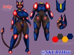 big_breasts black_body blue_armor cat_ears cat_tail oc red_eyes robot robot_girl ruby_(skur) skurth66 thick_thighs