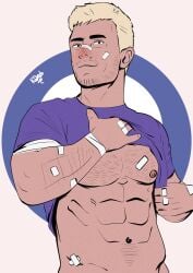 1boy abs almost_naked bandage_on_nose bandaged_arm bandages bara bare_pectorals beard_stubble blond_hair blond_male clint_barton hawkeye hawkeye_(marvel) hawkeye_(series) looking_at_viewer male_focus male_only marvel marvel_comics muscles muscular_male pantsless pecs purple_shirt shirt_pulled_up shirt_up showing_off solo_male