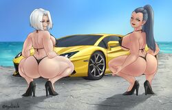 2girls apple_butt artist_name ass background beach big_ass big_breasts big_butt big_nipples bikini blue_hair bubble_ass bubble_butt car colored_background erect_nipples fat_ass high_heels high_resolution huge_ass huge_breasts huge_butt lamborghini large_ass large_breasts large_butt long_hair looking_at_viewer looking_back meowlinch multiple_girls muscles muscular muscular_arms muscular_back muscular_female muscular_legs muscular_thighs nipples ocean only_female pale-skinned_female pale_skin ponytail posing red_eyes round_ass roxy_(lycanthieves) sea severia_(meowlinch) short_hair sideboob silver_hair smile smiling spread_legs squatting sunshine tanned tanned_skin thick_ass wallpaper yellow_eyes