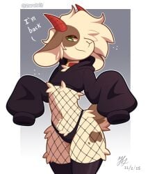 background cropped_hoodie femboy fishnet_legwear fishnets furry goat hoodie legwear no_humans non-human non-human_only solo thighhighs twitter_username zarckets