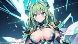 1girls aegis_elysium ai_art ai_generated armor blush blushing blushing_at_viewer breasts cape cleavage elbow_gloves female_armor female_focus gem gloves green_hair hair_ornament headpiece highres huge_breasts jewelry large_breasts light long_hair looking_at_viewer mecha navel night original_character patreon patreon_username princess purple_eyes silver_hair sky solo solo_focus starry_background starry_sky tiara very_long_hair wings