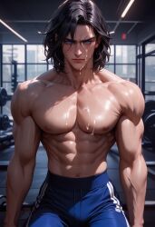 1boy ai_generated black_hair gym male muscular sweat