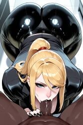 ai_generated big_ass big_butt blonde_hair blowjob blue_eyes bubble_butt dark-skinned_male interracial large_ass light-skinned_female looking_at_viewer metroid office_clothing office_lady pale-skinned_female samus_aran secretary sucking_penis