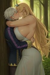 1boy 1girls ai_generated barghest_(fate) barghest_(gawain)_(fate) blonde_hair_female fate/grand_order fate_(series) female forest hug huge_breasts kissing male robin_(fire_emblem) robin_(fire_emblem)_(male) white_hair_male