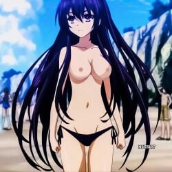 arms beach big_breasts bikini_bottom blue_sky cliff crowd date_a_live hips inguinal_ligament japanese japanese_female light-skinned_female light_skin long_hair looking_away navel purple_eyes purple_hair shoulders thighs thin_arms thin_female thin_waist topless topless_female waist wide_hips yatogami_tohka