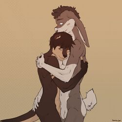 anthro balls brown_fur brown_hair caba closed_eyes cute embrace flaccid friendship fur furry hair hug lagomorph lumi lumi_the_bunny male male_only mammal multiple_males mustelid navel otter penis rabbit romantic simple_background yaoi