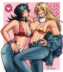 2girls black_hair blonde_hair bra breast_to_breast breasts_touching cleavage_overflow female female_only hand_on_hip hoshi_kirara jujutsu_kaisen muscular_female pants posing shesofyee small_breasts yuki_tsukumo