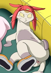 2014 alien anthro anus ass betelgeusian blush feline fur hat jerseydevil lying male male_only mammal meow_(space_dandy) nude pillow shoes space_dandy upset whiskers