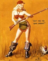 20th_century bikini_top boots duck female gil_elvgren hunter hunting leather_boots painting_(artwork) pin-up pinup traditional_media_(artwork) vintage