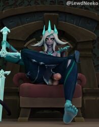 3d alternate_costume alternate_eye_color alternate_hair_color chair corruption crossed_legs dark_persona futanari green_eyes league_of_legends lewdneeko neeko penis possessed possession ruination ruined_king_symbol ruined_makeup sitting solo sword tagme viego_(league_of_legends) white_hair