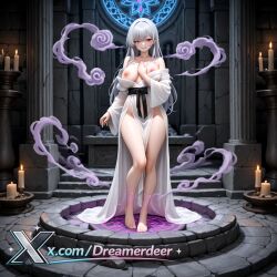 ai_assisted ai_generated bare_legs bare_shoulders barefoot breasts brick brick_floor brick_wall candle collarbone crack cracked_wall female full_body hitodama japanese_clothes large_breasts long_hair looking_at_viewer nipples pavement pelvic_curtain pillar red_eyes sash silk smile solo spider_web stairs standing stone stone_floor stone_wall tile_floor tiles very_long_hair wall