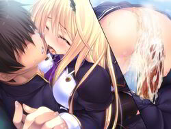 akiyama_fuuka aqua_panties blonde_hair blush boku_to_keiyakushite_osananajimi_seitokaichou_ni_saimin_wo_kakeyou! censored closed_eyes female game_cg kumatora_tatsumi long_hair panties penis purple_eyes pussy thighhighs underwear